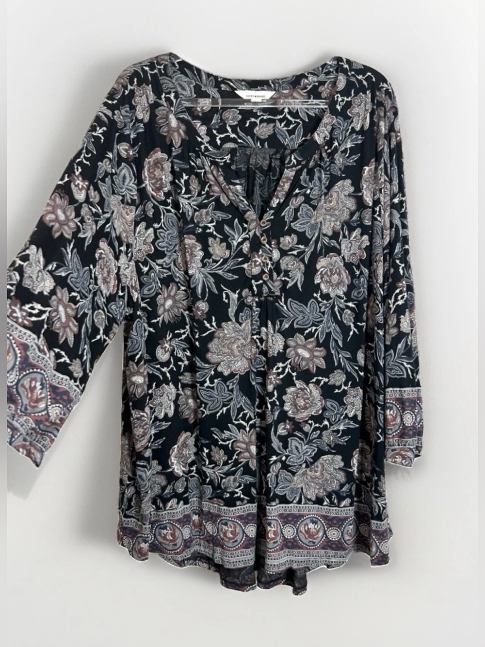 Lucky Brand Floral Tunic Top 3X Popover V-Neck 3/4 Sleeves Boho Whimsygoth